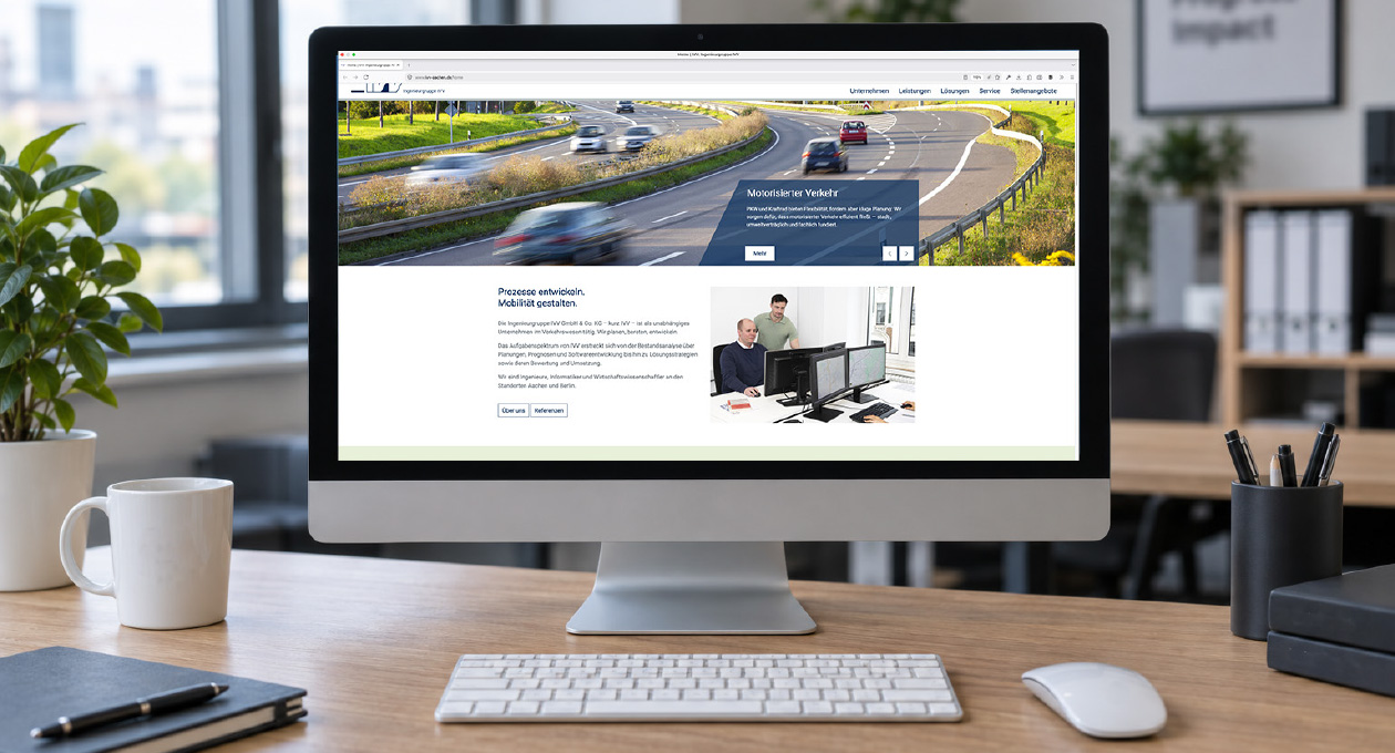 Schreibtisch mit einem großem Bildschirm, auf dem die aktualisierte Homepage der Ingenieurgruppe IVV zu sehen ist