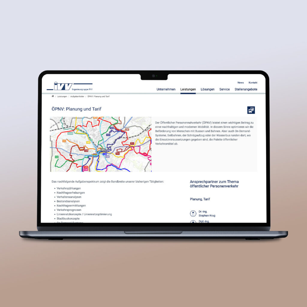Ansicht der TYPO3-Website mit Leistungsbeschreibung der Ingenieurgruppe IVV